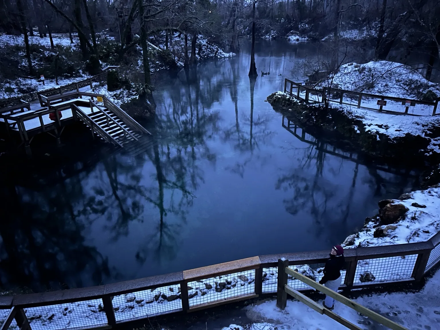 Winter sunrise at Madison Blue Spring with blue spring water and cold-weather scenery